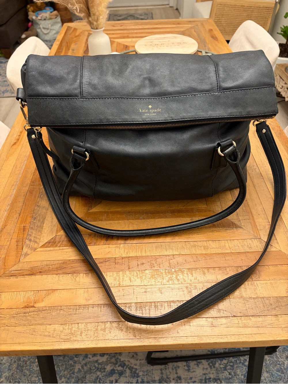 kate spade Black Leather Fold-Over Messenger/Laptop Bag
